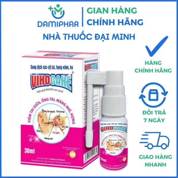 Dung Dịch Xúc Xịt Tai Viêm Họng Ho VIHOCARE Lọ 30ml - Hỗ Trợ Giảm Viêm Tai Giữa, Viêm Họng