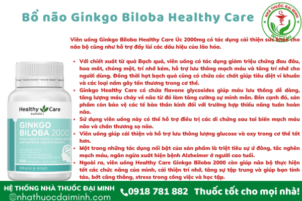 Bổ não Ginkgo Biloba Healthy Care Úc 2000 (MẪU MỚI 2021) - Hình ảnh 3