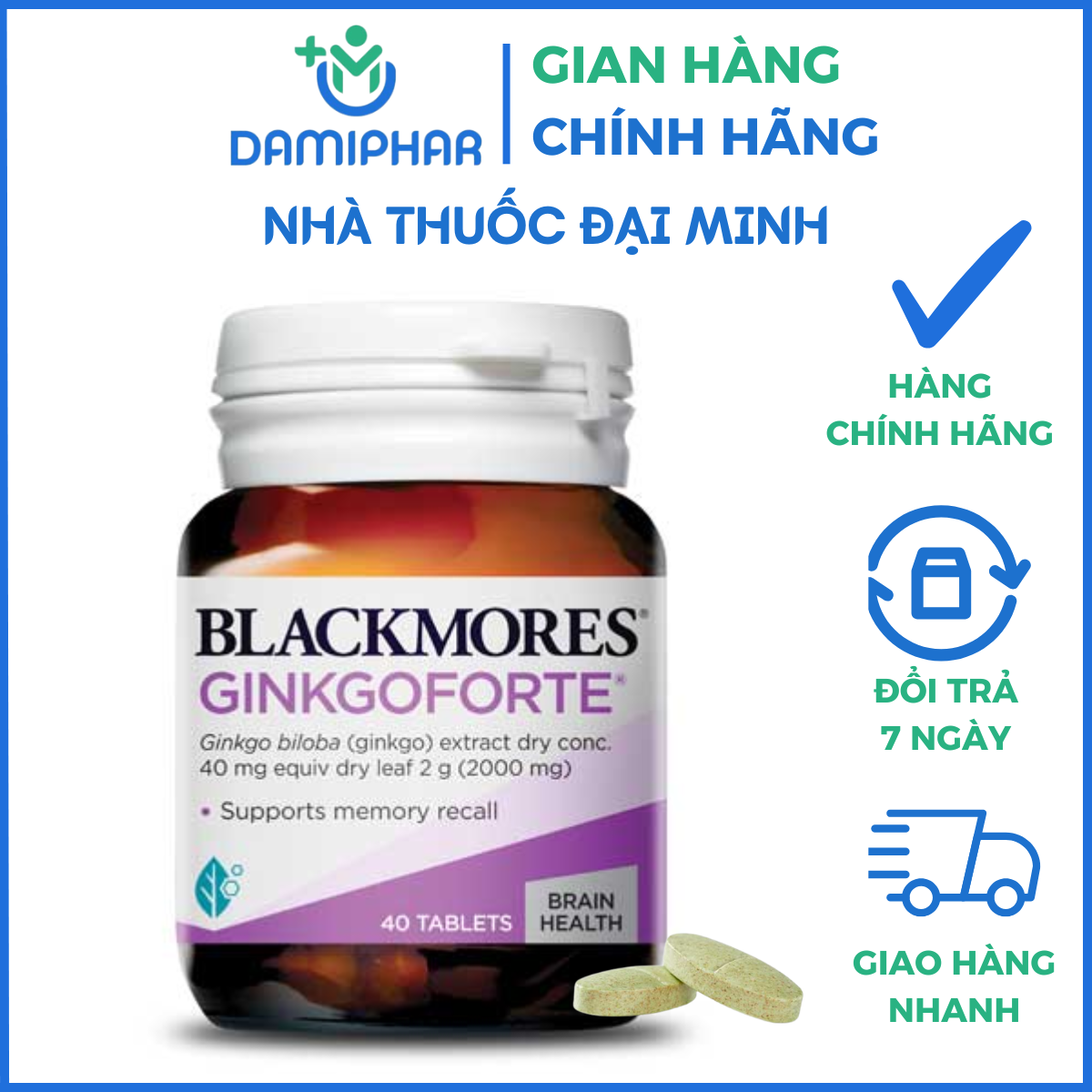 Viên uống Blackmores Ginkgoforte Hộp 40 viên - Giúp tăng tuần hoàn máu não, giảm tiền đình, hỗ trợ trí não, cải thiện trí nhớ