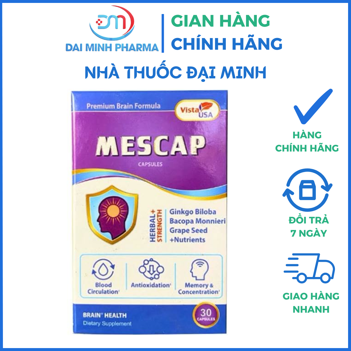 Mescap (Lọ 30 Viên) – Phòng Ngừa Đột Quỵ, Dưỡng Bổ Não, Giảm Đau Đầu, Hoa Mắt, Chóng Mặt