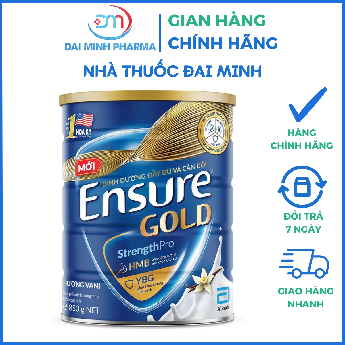 Sữa Bột Abbott Ensure Gold Hương Vani (850g - 800g) – Dinh Dưỡng Cân Đối, Tăng Cường Miễn Dịch, Phục Hồi Thể Trạng