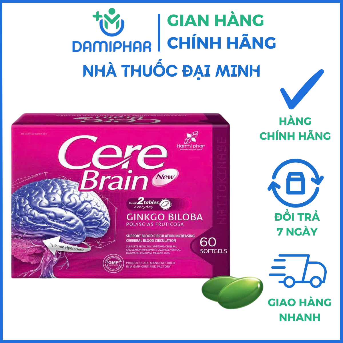Cere Brain New Hộp 60 Viên - Hỗ trợ hoạt huyết, tăng tuần hoàn máu não. Hỗ trợ giảm các triệu chứng: Thiếu năng tuần hoàn não, hoa mắt, chóng mặt, đau đầu, mất ngủ, suy giảm trí nhớ