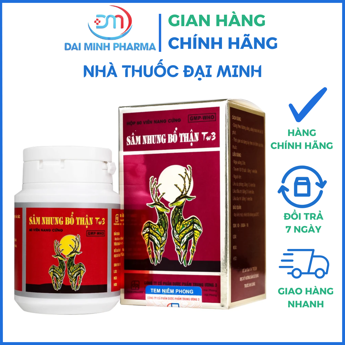 Sâm Nhung Bổ Thận TW3 (Hộp 60 Viên) – Điều Trị Thận Hư, Tiểu Đêm Nhiều Lần, Tê Mỏi Chân Tay