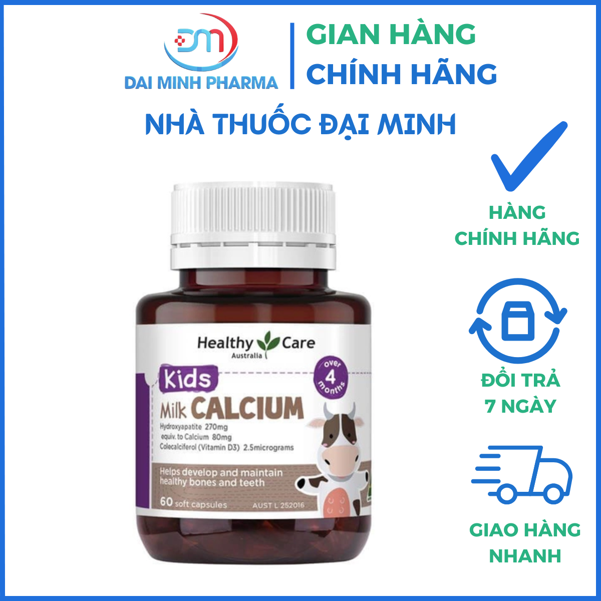 Viên Canxi sữa cho bé Healthy Care Milk Calcium 60 viên của Úc