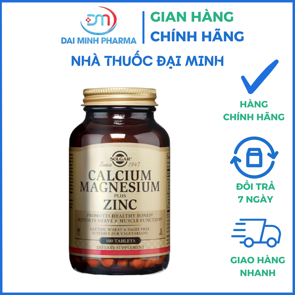 Solgar Calcium Magnesium Plus ZinC Lọ 100 Viên – Hỗ trợ việc phát triển xương, hỗ trợ duy trì hoạt động cơ bắp, lưu thông máu