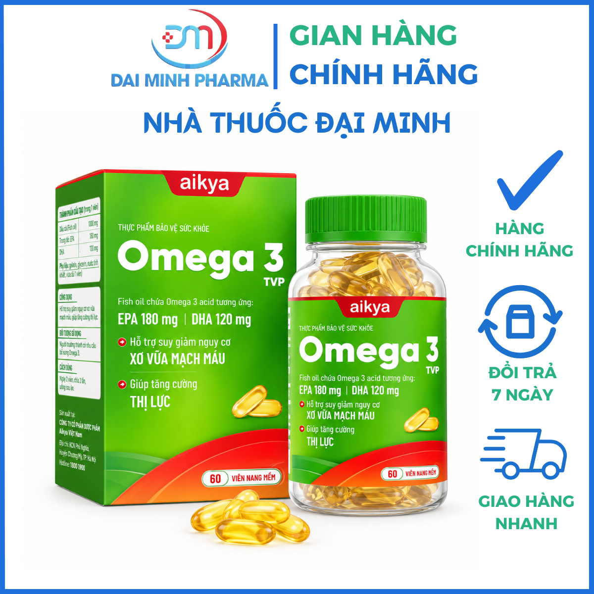 Omega 3 TVP Aikya Pharma (Lọ 60 Viên) – Bổ Sung DHA Sáng Mắt, Bổ Não & Ngăn Ngừa Xơ Vữa Mạch Máu