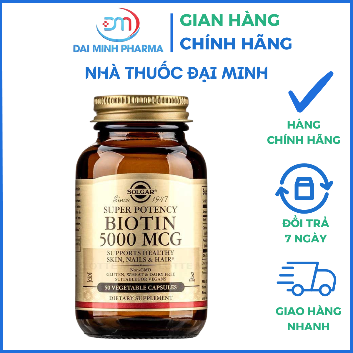 Super Potency Biotin 5000mcg SOLGAR Lọ 50 Viên - Hỗ trợ da, móng và tóc khỏe mạnh
