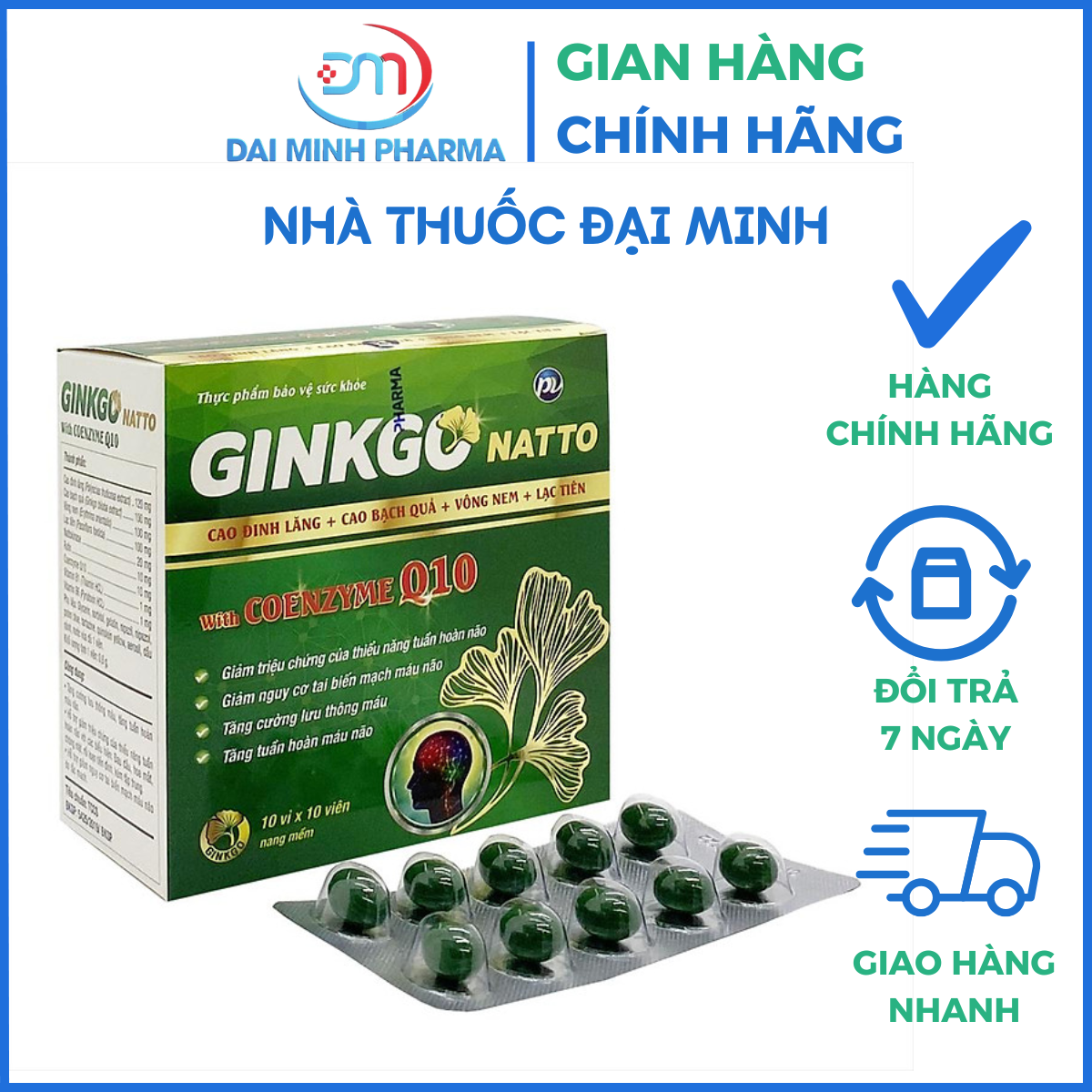 Ginkgo Natto PV Hộp 100 Viên – Viên Bổ Não Hỗ Trợ Tăng Cường Tuần Hoàn Máu Não, Lưu Thông Máu, Giảm Chóng Mặt