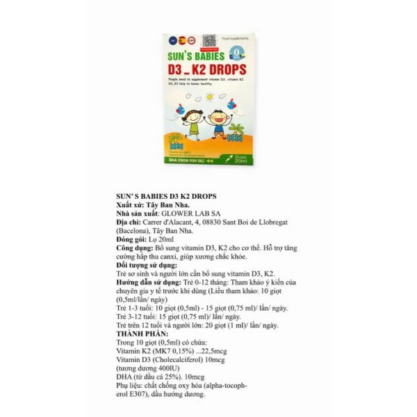 SUN'S BABIES D3 K2 DROPS Lọ 20ml - Bổ Sung Vitamin D3, K2, Hỗ Trợ Tăng Cường Hấp Thu Canxi, Giúp Xương Chắc Khỏe - Ảnh 3