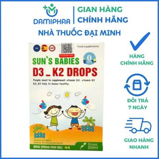 SUN'S BABIES D3 K2 DROPS Lọ 20ml - Bổ Sung Vitamin D3, K2, Hỗ Trợ Tăng Cường Hấp Thu Canxi, Giúp Xương Chắc Khỏe